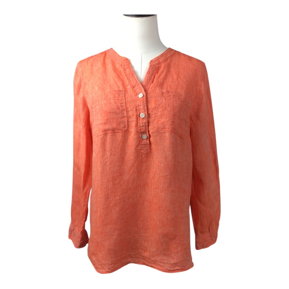Talbots 100% Linen Tunic Blouse Orange Roll Tab Sleeve Sz MP Side Button Details - Picture 1 of 9